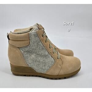 Sorel Evie Ankle Lace Bootie | Tan Suede & Grey Felt | Women’s 9